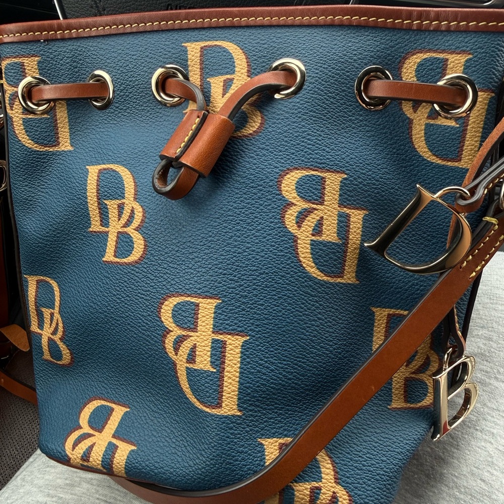 Dooney & Bourke Blue and Brown Logo Bucket Bag